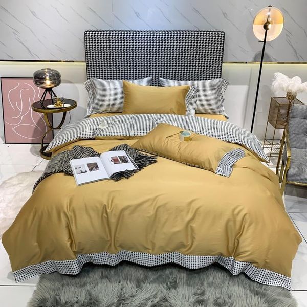 

luxury 600tc egyptian cotton l bedding set black white lattice edge duvet cover flat/fitted sheet pillowcases home textiles