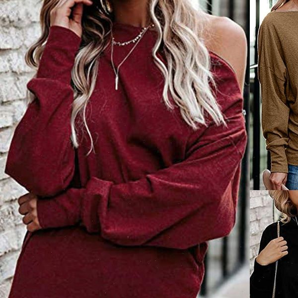 

40 womens solid color long sleeved off the shoulder casual blouse elegant autumn pullover loose brief daily shirts, White