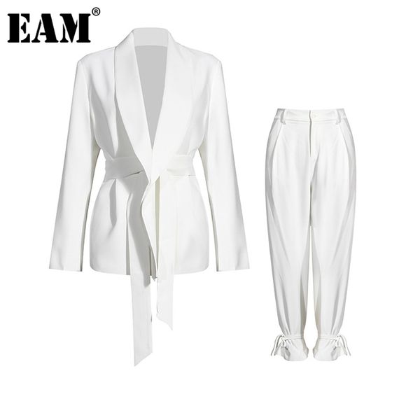 

[eam] wide leg pants big size bandage two piece suit lapel long sleeve loose fit women fashion spring autumn 1da241 211007, White