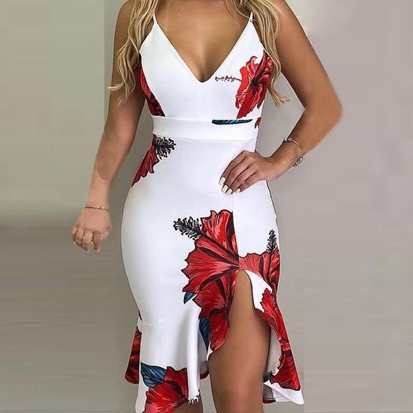 

new fashion elegant slim bodycon party beach dress sleeveless dress spaghetti strap floral print slit ruffles dress 210309, Black;gray