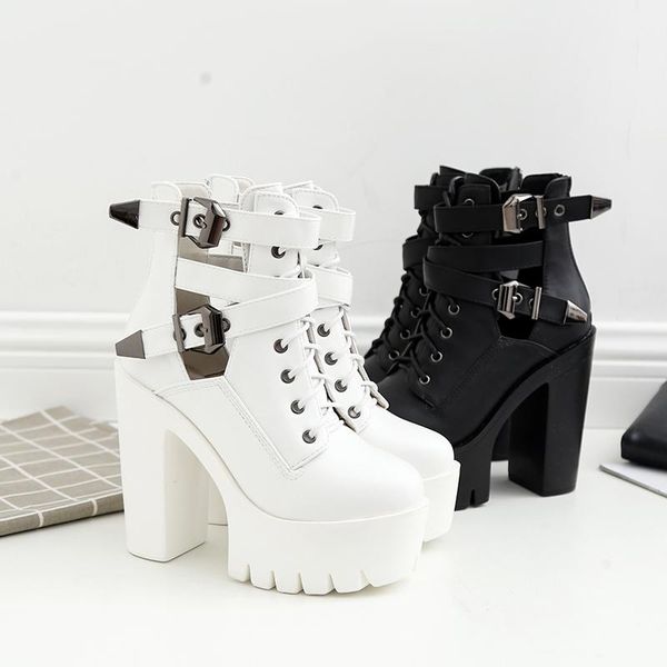 

boots 2021 super high heels ankle real s spot thick with belt buckle platform women, Black