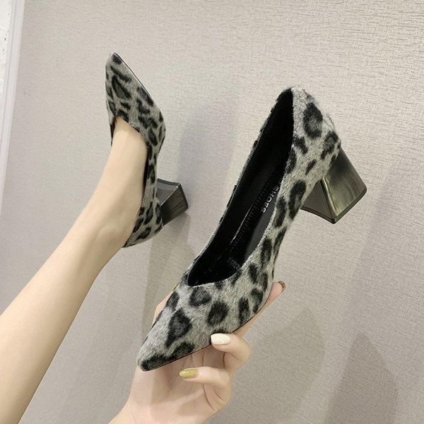 

slip on velvet shoes women slim heels pumps 2021 round toe lace-up slip-on slimming fur fashion latest leopard spring, Black