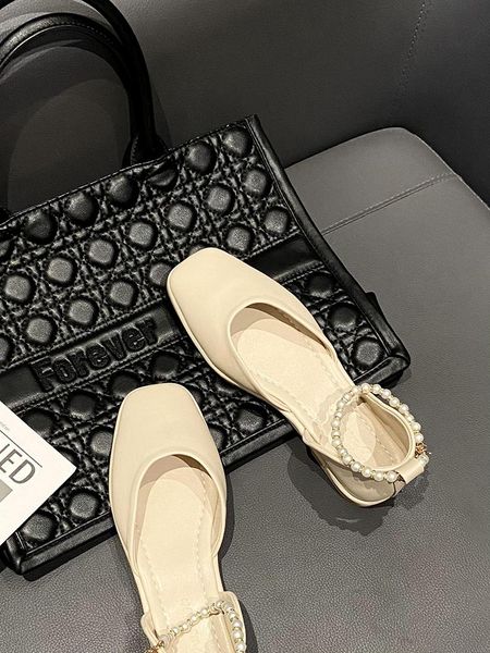

sandals mary jane fashion flat pure color pearl ladies summer trend elegant casual buckle square toe shoes., Black
