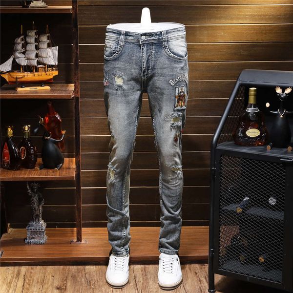 

men's elastic casual pants embroidery patch nostalgic fashion brand, Blue