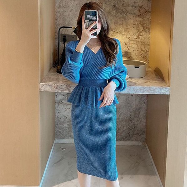 

2021 new autumn women shiny knitting skirts sets lurex ruffles long sleeve sweater +high waist bodycon skirt two pieces set ed7i, White