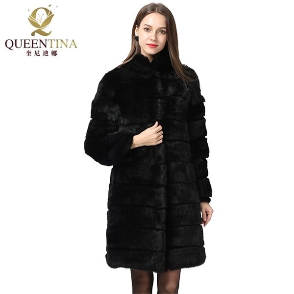 

winter real rabbit fur coat stand collar thick soft warm natural fur long jacket women outwear full pelt fur coats 211122, Black