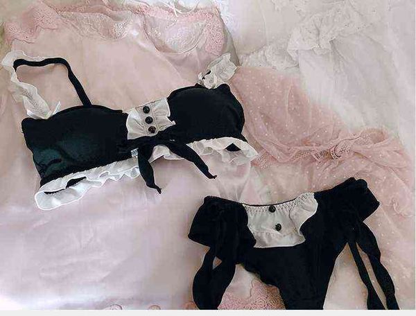 

nxy setgirly dark maid bowknot decorated underwear no steel ring milk silk bra set thong rear double row buckle lingerie with pant 1128, Red;black