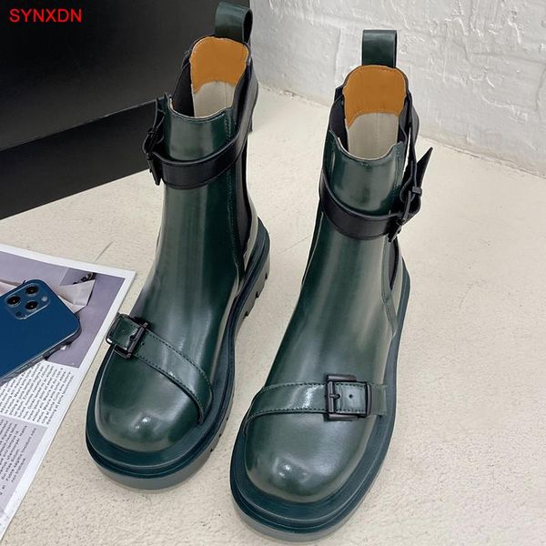 

boots synxdn platform women ankle punk female autumn booties belt botas non-slip 2021 demonias femininas, Black