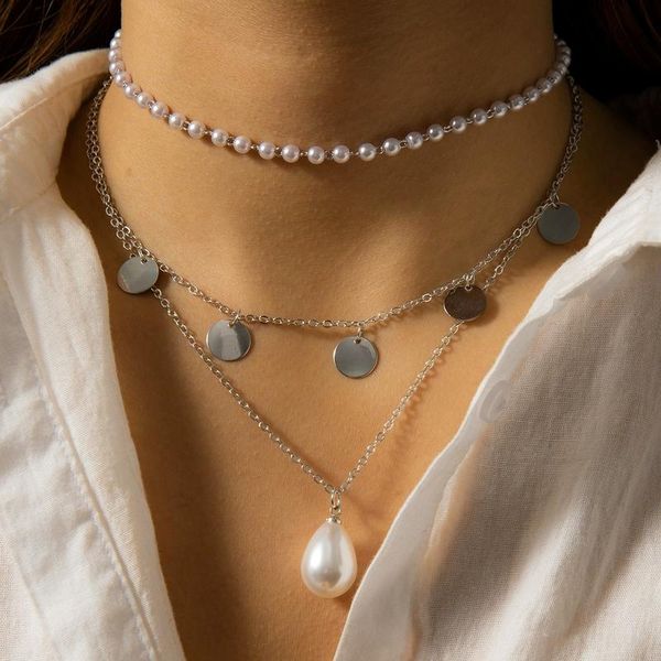 

pendant necklaces multi-layer imitation pearl necklace for women bohemia sequin tassel trendy ladies choker jewelry, Silver