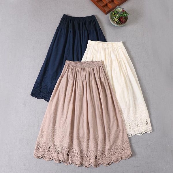 

skirts japan style mori girl solid color cotton embroidery skirt loose literature hollow lace women, Black