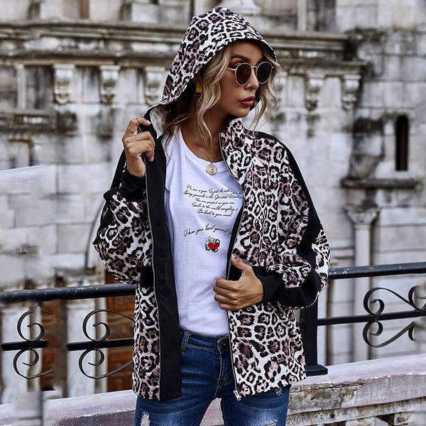 

2021 new fashion patchwork leopard women autumn winter hooded jacket coat streetwear female casual grrc, Black;brown