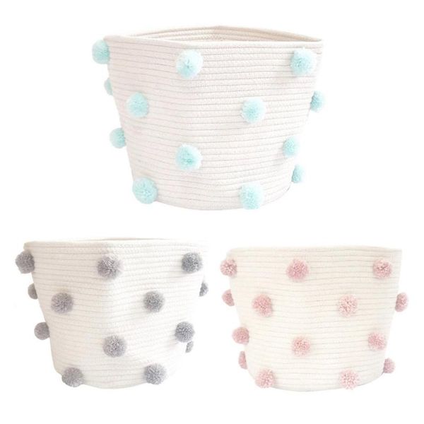

cotton rope storage baskets 12\" x 12\" woven baby cute pompoms orangizer bins 203f