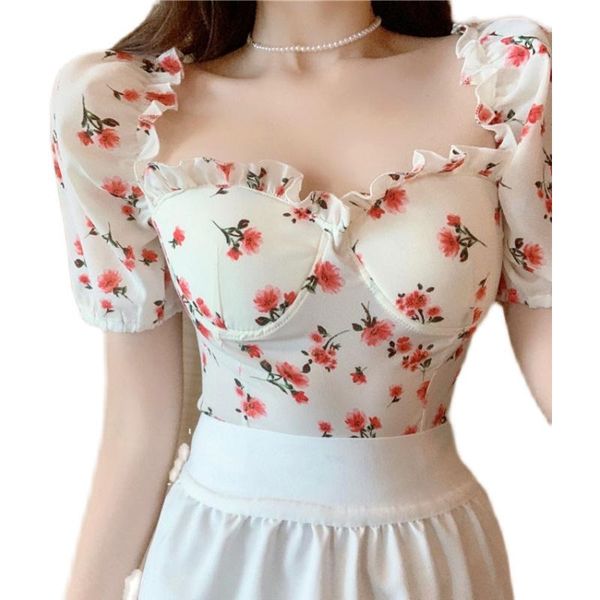 

women's t-shirt summer style super fairy puff sleeve crop square collar shirt folds sweet and lovely, White