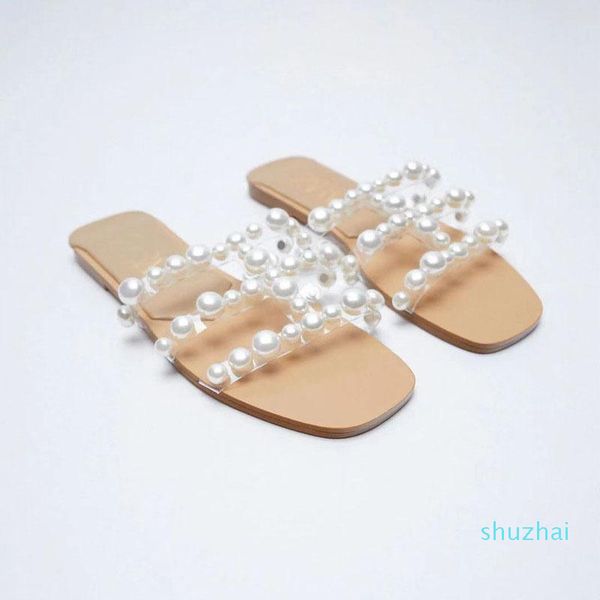 Chinelos 2021 verão homem-feito pérola praia plana com femininas fora slides sapatos sandálias femininas