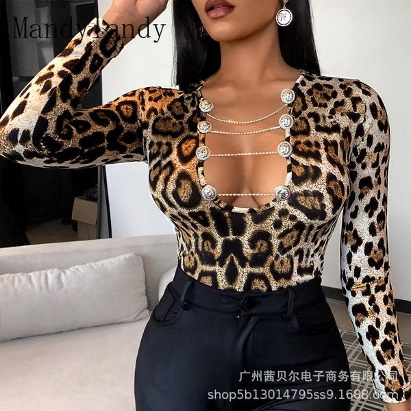 

women's t-shirt mandylandy women tshirts leopard print temperament shirts halter slim fit slimming long sleeved top, White