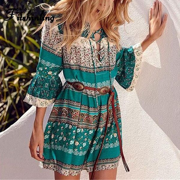 

women's swimwear fitshinling lace up bohemian summer dress flare sleeve print floral vintage short dresses for women holiday slim pareo, White;black