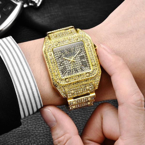 

wristwatches men bussiness steel belt calendar watch full of diamonds wrist fashion square dial clock gold, Slivery;brown