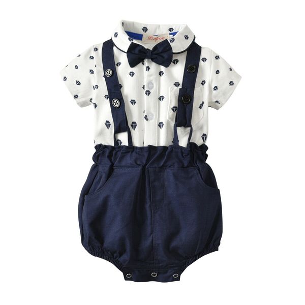 

0-4y toddler kid baby boy gentleman clothes sets short sleeve bowknot jumpsuit playsuit+overall pant outfit party clothes, White