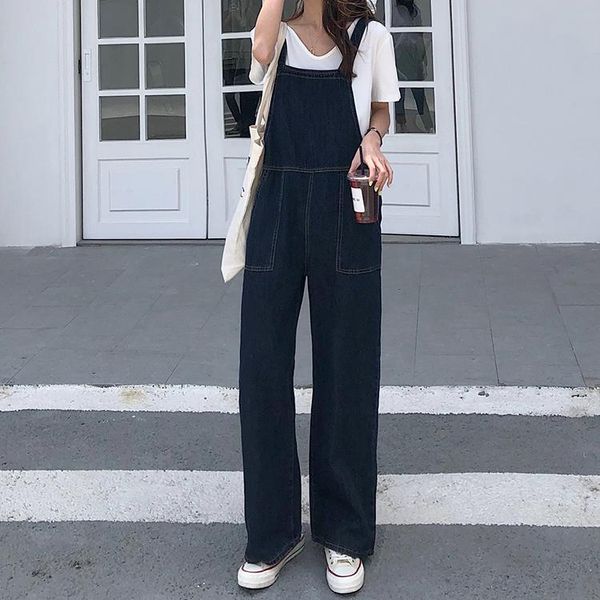 

women's jeans qooth vintage high waist overalls women big pockets denim romper ladies wide leg harem jumpsuits capri qh2370, Blue