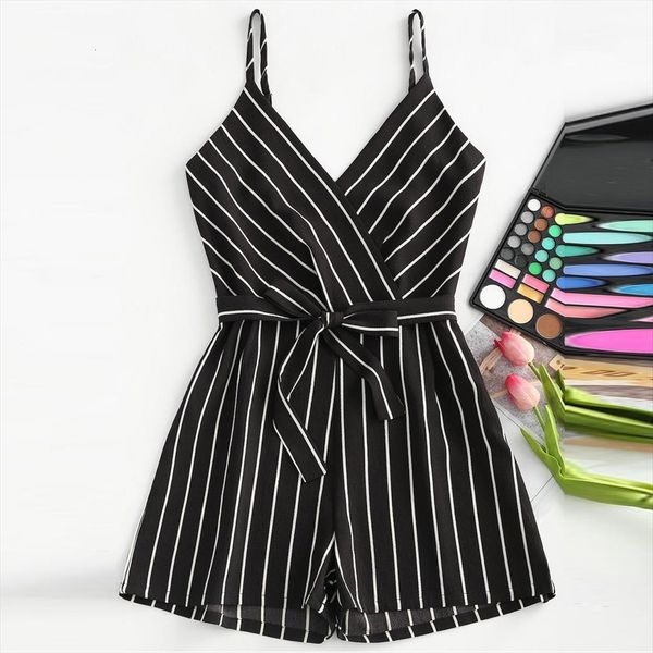 

black sleeveless strappy short women romper playsuit striped overalls cami belt ladies rompers bodysuit, Black;white