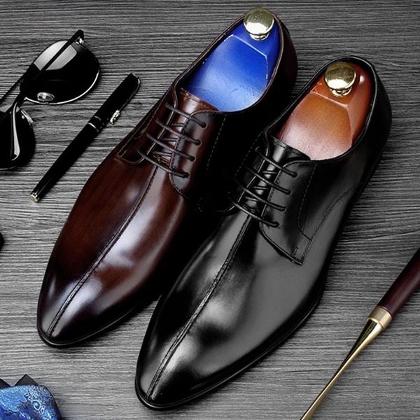 

dress shoes vintage italian designer pointed toe man formal genuine leather handmade men's derby wedding flats ne80, Black