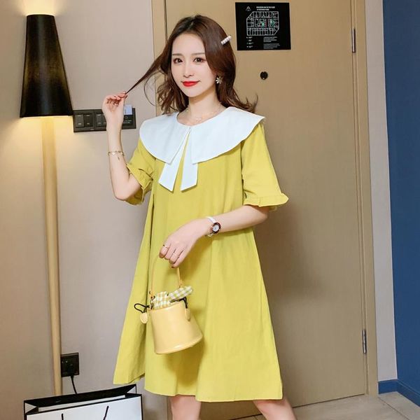 

maternity dresses 720# dress summer sweet yellow short sleeves loose fashion plus size midi pregnant women, White