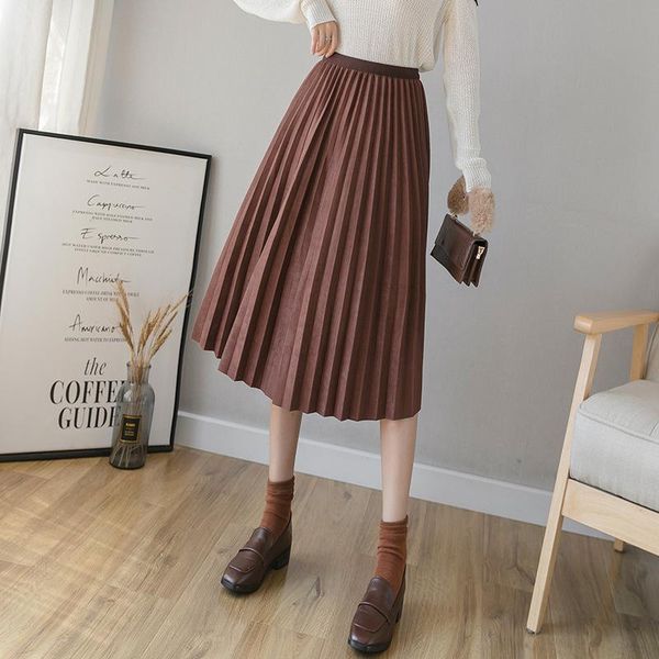 

skirts suede mid-length pleated skirt a-line female waist fashion 2021 spring and autumn, Black