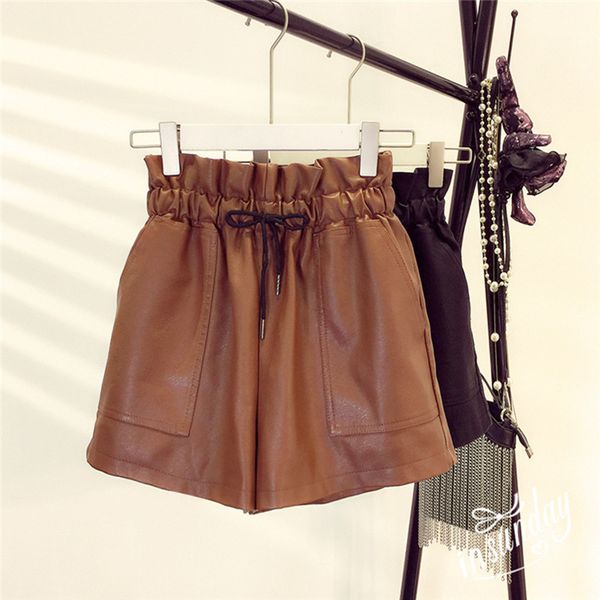 

2021 spring new korean style female leather shorts high waist loose wide leg short femme elastic waist belt 210302, White;black