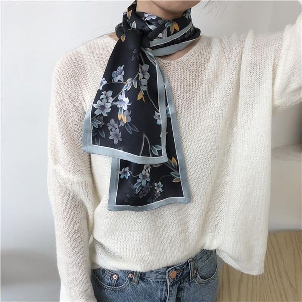 

scarves products for autumn and winter silk scarf thin narrow mulberry long ethnic style gift ribbon, Blue;gray