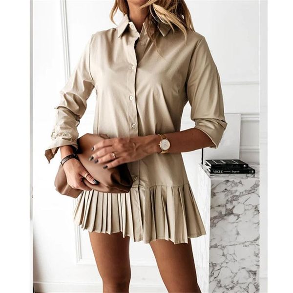 

casual dresses autumn long sleeve white pleated shirt dress 2021 women turn down collar mini button lady a line office vestidos, Black;gray