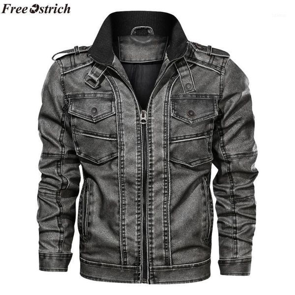 

ostrich men jacket 2021 men's autumn winter vintage zipper stand collar imitation jacket leather coat,windproof1, Black;brown