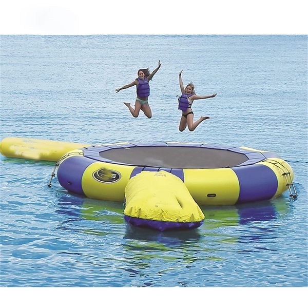 

yellow blue inflatable water trampoline with slide tube jumping pillow bag jump game bouncers for ocean park games