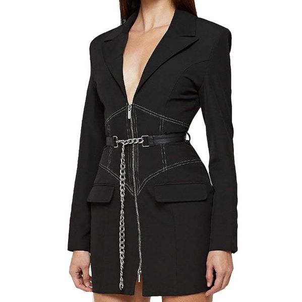 

women's suits & blazers fall outfits 2021 office suit deep v-neck slim zipper autumn black coat elegant female long blazer, White;black