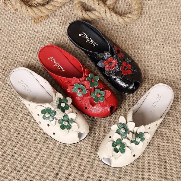 

slippers genuine leather women summer shoes flower fish toe mules 2021 lady red casual slided for female, Black