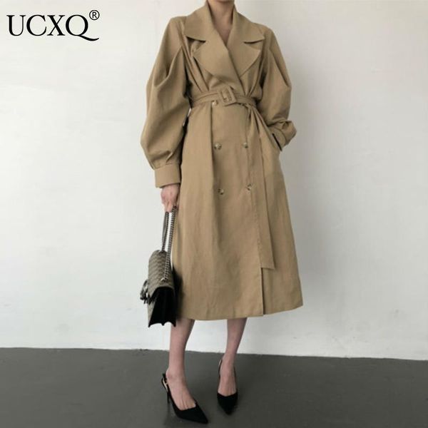 

women's trench coats ucxq woman coat slim windbreak belt long sleeve lapel casual high street korean style 2021 autumn fashion 23xm475, Tan;black