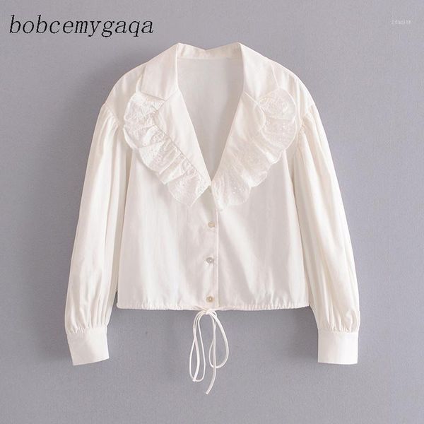 

ruffled white shirt blouse women summer autumn long sleeve lace notched ladies casual streetwear women's blouses & shirts