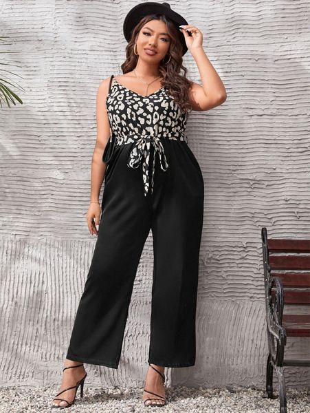 

plus leopard print belted cami jumpsuit 464q#, Black