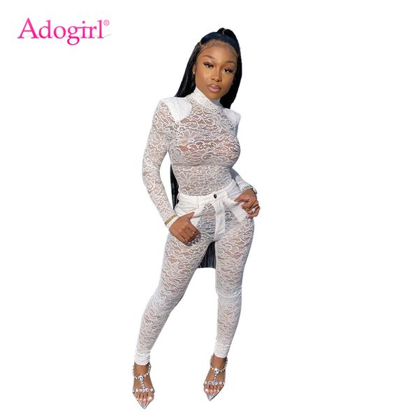 Adogirl Mulheres Sexy Sheer Lace Dois Peça Set High Neck Manga Longa T Shirt Top Botão Fly Lápis Calças Feminino Night Club Suits Y0625