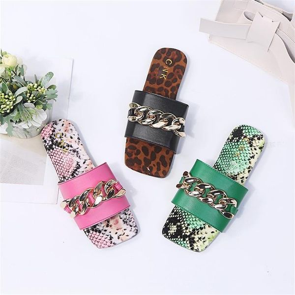 

slippers women's shoes fashion trend color pu stitching snake pattern bottom metal chain comfortable casual sandals gladiator, Black