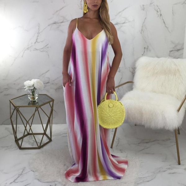 

casual dresses 2021 summer clothes spaghetti strap floor length striped printed evening night party club vestidos mujer dress, Black;gray