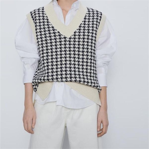 

women houndstooth vest casual sweaters v neck sleeveless autumn winter jumper knitted korean style pullover loose, White;black