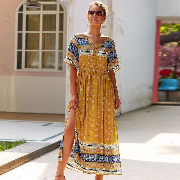 

ladies vintage bohemian summer women casual split slim a-line v neck half sleeve long print elegant 2021 new 8w4h, Black;gray