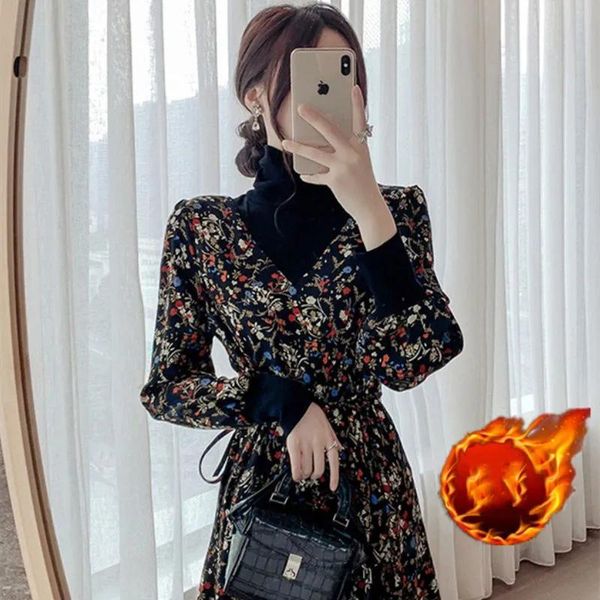 

casual dresses vintage printing plus velvet turtleneck dress women french fake two pieces ladies winter thicken warm floral, Black;gray