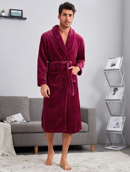 

men double pocket shawl collar belted flannel robe h3aj#, Black;brown