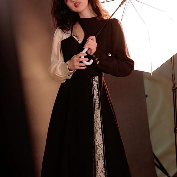 

casual dresses spring vintage retro dress women patchwork fake two-piece designer female high street y2k lace slimming 2021, Black;gray