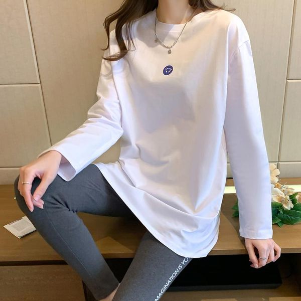 

women's t-shirt smile print long sleeve t-shirts women spring summer shirts for cotton 100% graphic tees o neck brief white female
