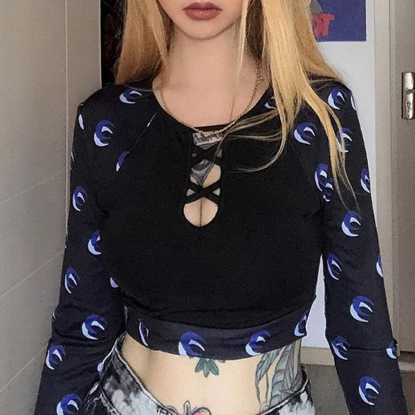 

women's t-shirt y2k egirl gothic moon partten patchwork t-shirts harajuku hollow out front slim long sleeve crop streetwear punk, White