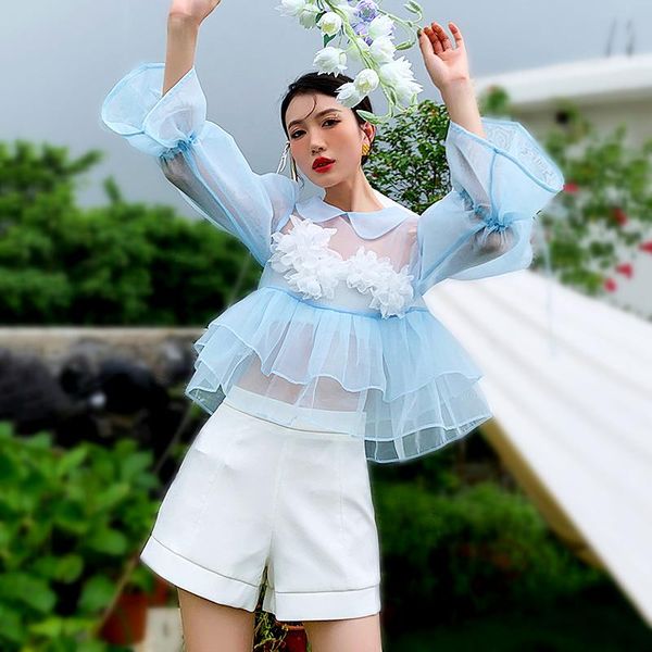 

women's blouses & shirts autumn style puff sleeve crop shirt sheer organza flowers applique short kawaii young ladies sl040, White