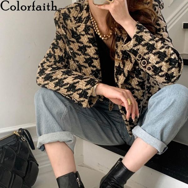 

women's suits & blazers colorfaith 2021 autumn winter jackets checkered korean vintage oversize lady wild plaid short jk9962, White;black