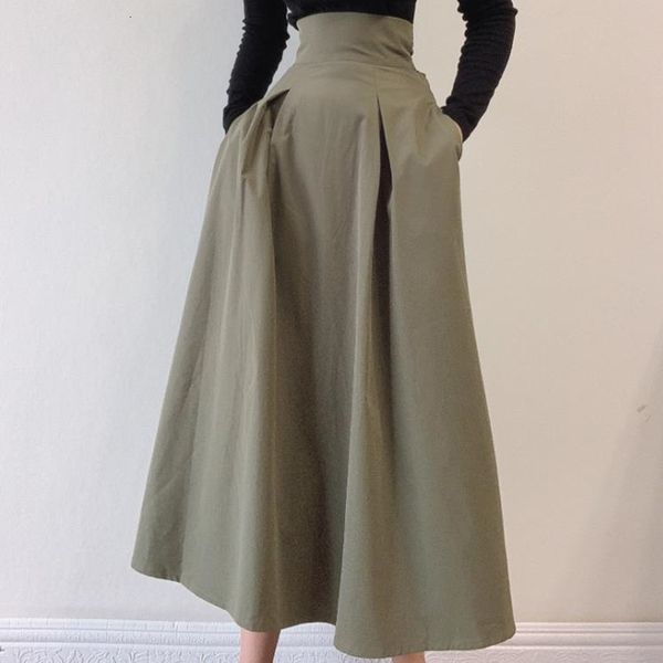 

2021 army green high waist maxi skirt new autumn winter women bottoms ol fashion elegant solid a-line long skirts womens 0x1t, Black